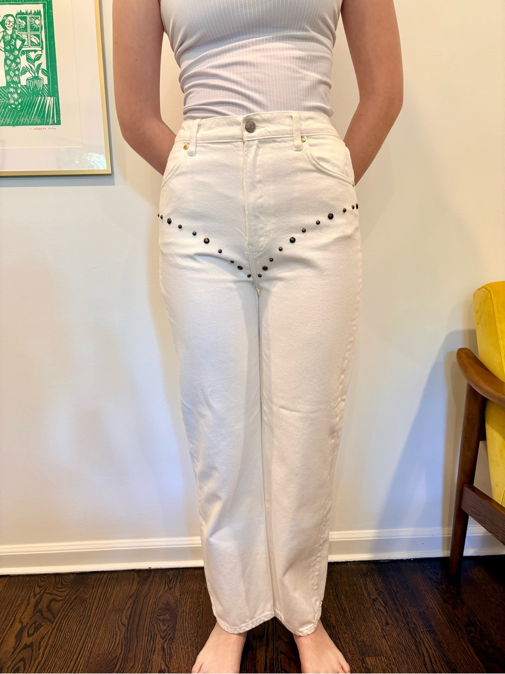 Reformation Cary High Rise Slouchy Wide Leg Studded Jeans Fior Di Latte